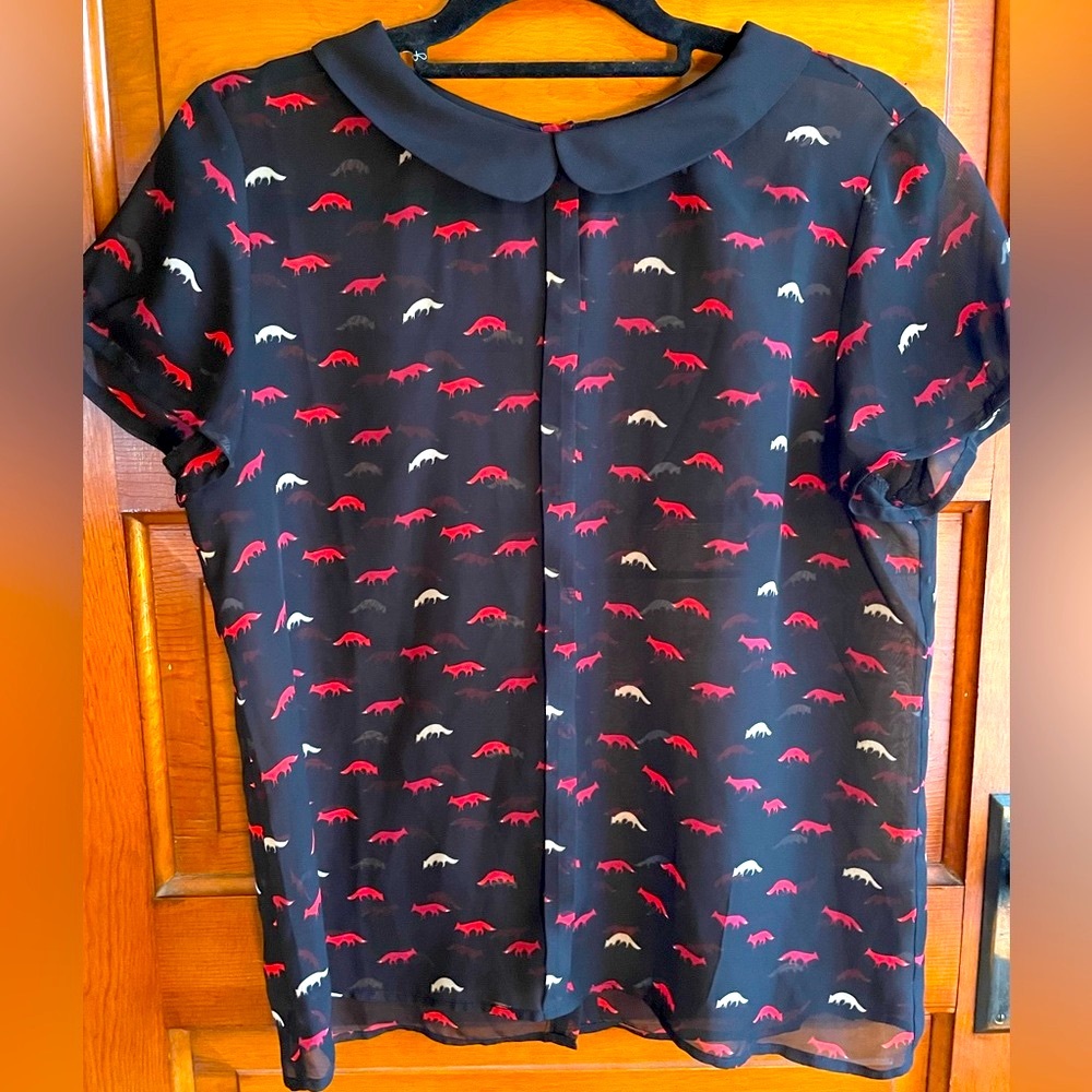 Vivienne Tam sheer fox print back button blouse